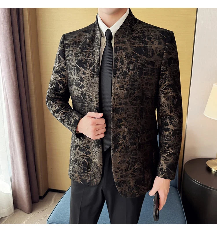 New Chinese Style Stand Up Collar Jacquard Suit Coats Men Slim Business Casual Fashion Suits Jacket Formal Social Party Tuxedos
