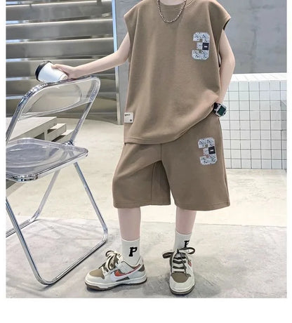 Summer Boys Loose Sleeveless Printed T-Shirt Tops+Shorts Pant School Kids 2PCS Tracksuit Child Outfit Student Workout Set 5-16Yr
