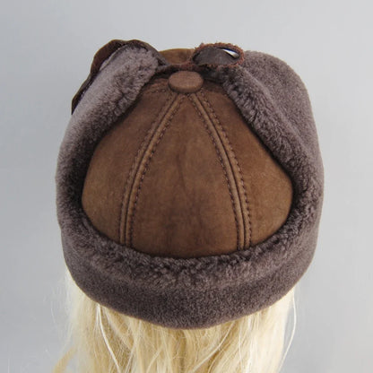 Real Fur Wool Hat Unisex New Winter Warm Bomber Russian Ushanka Hats With Ear Flaps Cow Leather Thick Snow Earflaps Baseball Cap