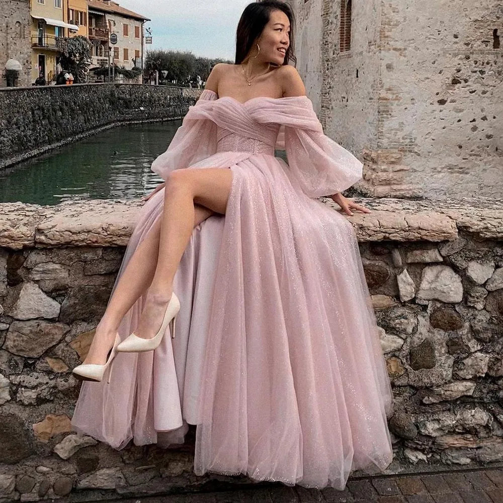 Customized Pink Shiny Tulle Prom Dresses Off Shoulder Long Puff Sleeve Evening Party Gowns Slit Women Wedding Dress