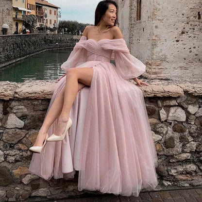 Customized Pink Shiny Tulle Prom Dresses Off Shoulder Long Puff Sleeve Evening Party Gowns Slit Women Wedding Dress