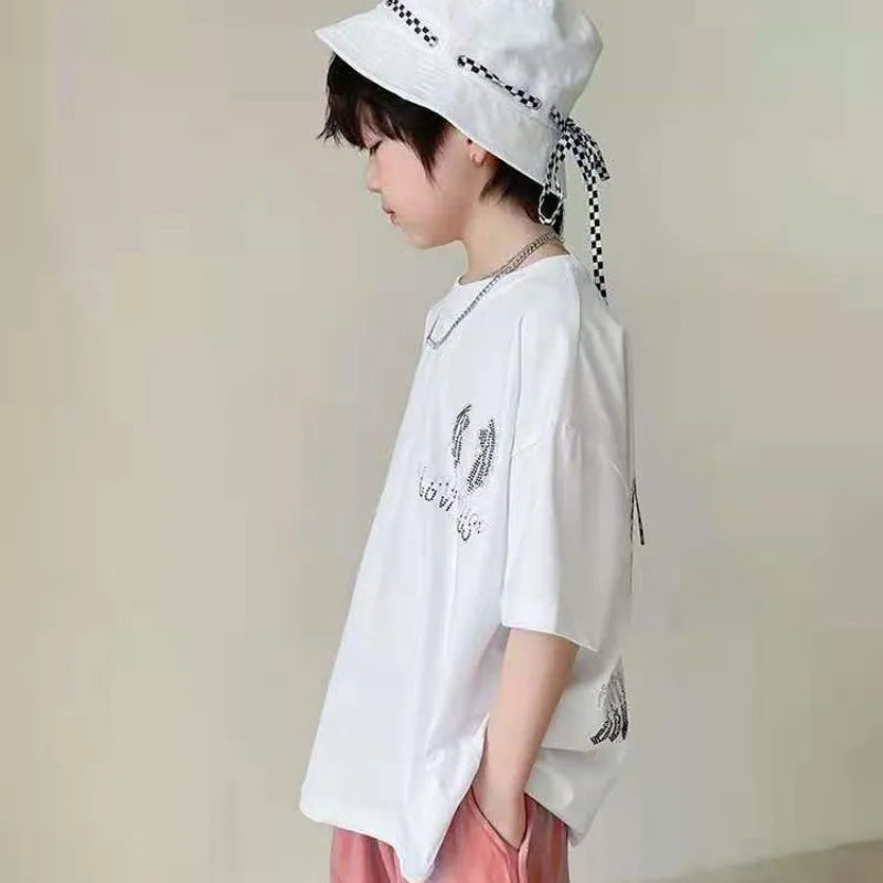 Wings with Rhinestones Trendy Short-sleeve for Kids T-shirt Children Clothes 7 To 14 Years Child 2025 Children's Clothing Korean