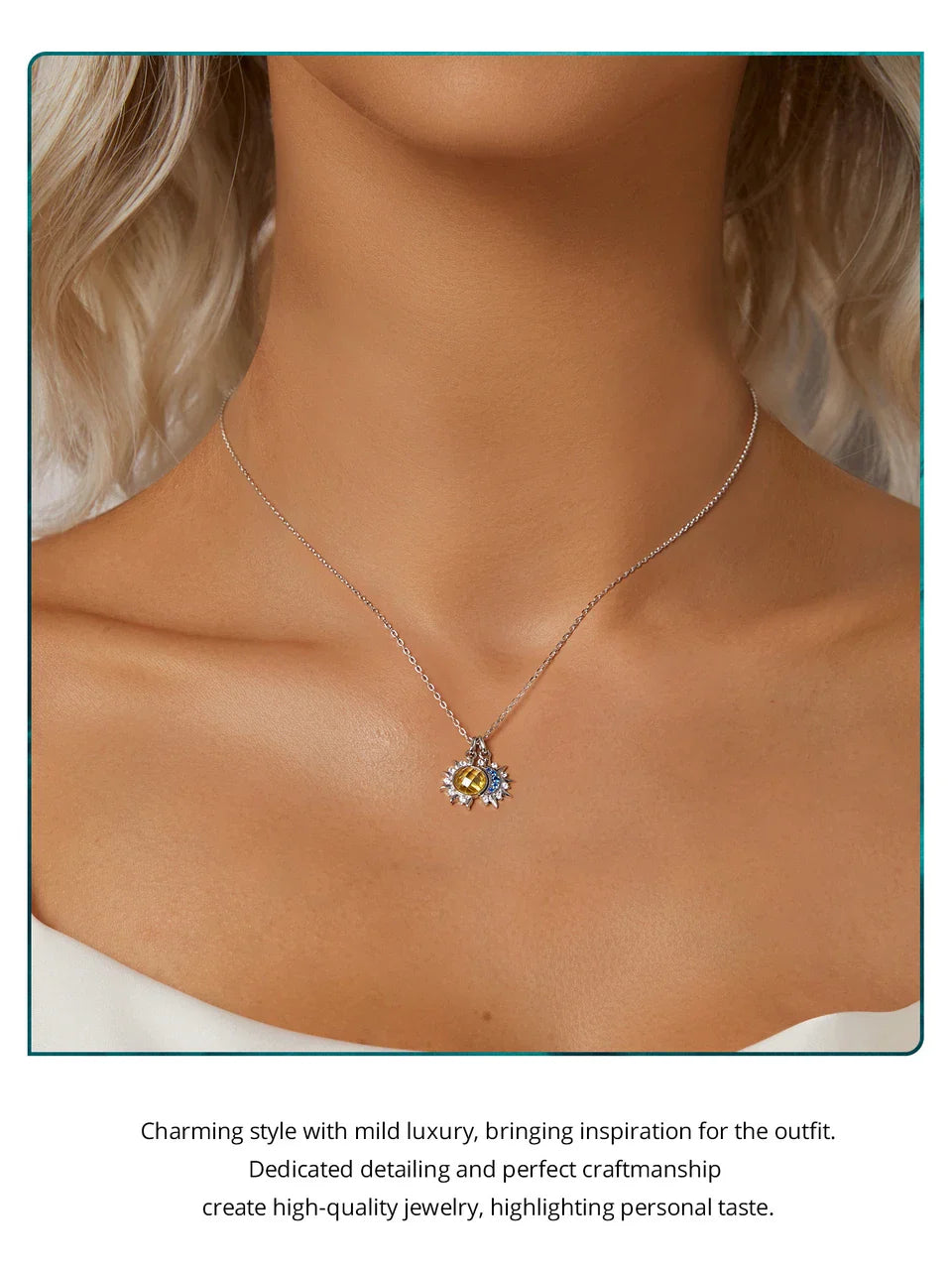 925 Sterling Silver White Gold Plated Sun and Moon Necklace Energy Pendant Neck Chain for Women Party Fine Jewelry Gift