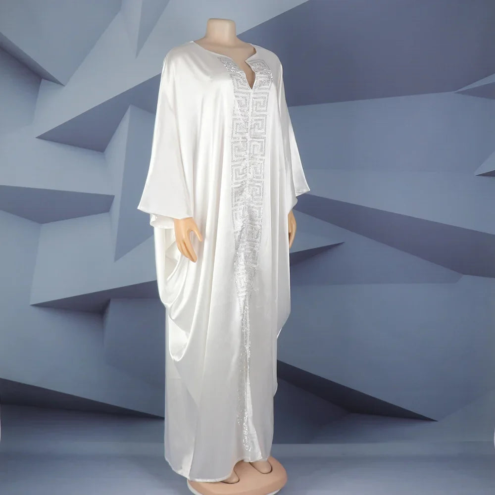 Fashion African Woman Large Size Bat Sleeve Dress Muslim Islamic Style Robe Imitation Silk Hot Fix Rhinestone