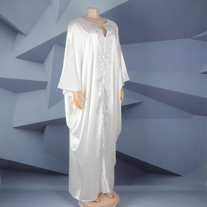Fashion African Woman Large Size Bat Sleeve Dress Muslim Islamic Style Robe Imitation Silk Hot Fix Rhinestone