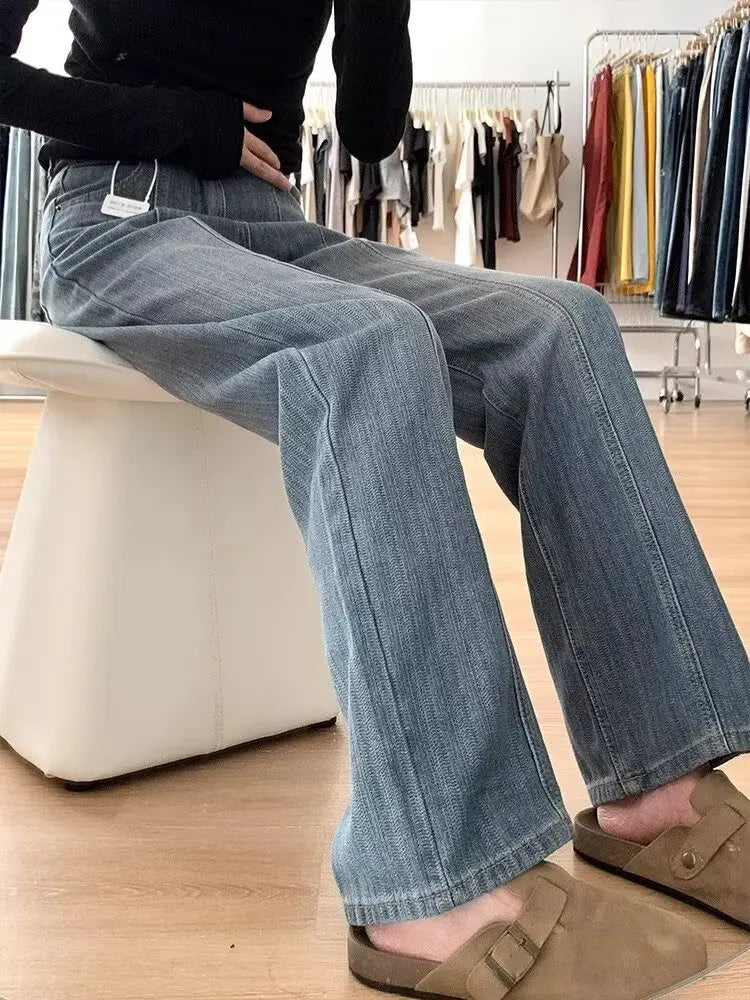 Retro Texture Wide Leg Denim Pants Loose Drapey Straight Long Trousers for Women High Waist Zipper Closure Casual Sle