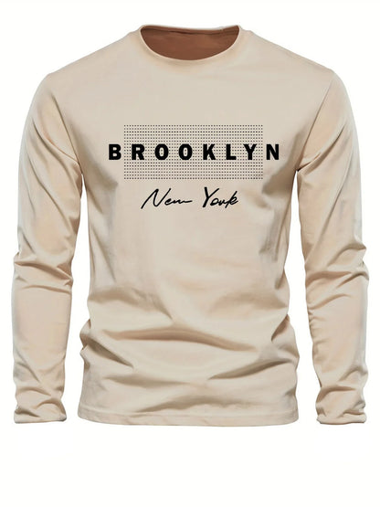 Men's 100% pure cotton loose and comfortable casual sports Brooklyn New York letter printed round neck long sleeved T-shirt top