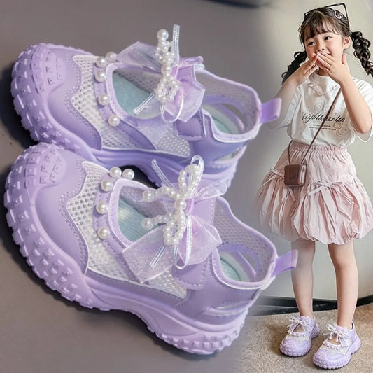Girls Sports Sandals Sweet Lace Bows Beading Kids Casual Shoes Mesh Breathable Soft 2026 Summer New Children Princess Sandals