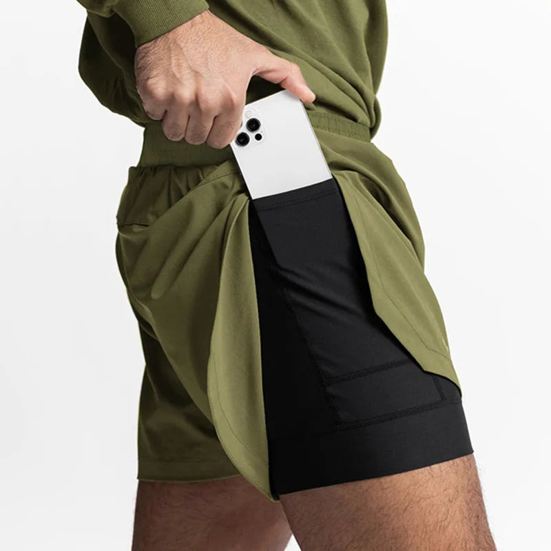 Mens Gym 2 in 1 Jogger Sport Short Pants Man Quick Dry Running Workout Basketball Shorts Male Gym Fitness Sweatpant Bottoms