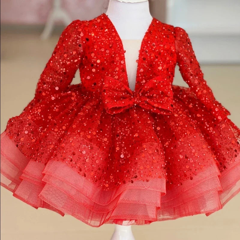 Customized Flower Girl Dresses Cute Pink Glitter Sequined Shiny Puffy Organza With Bow Fit Wedding Party Princess Ball Gowns