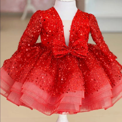 Customized Flower Girl Dresses Cute Pink Glitter Sequined Shiny Puffy Organza With Bow Fit Wedding Party Princess Ball Gowns