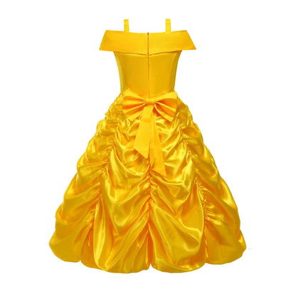 Off Shoulder Yellow Princess Dress for Kids Girl Belle Role Playing Clothing Fancy Carnival Party Birthday Ball Gowns Halloween