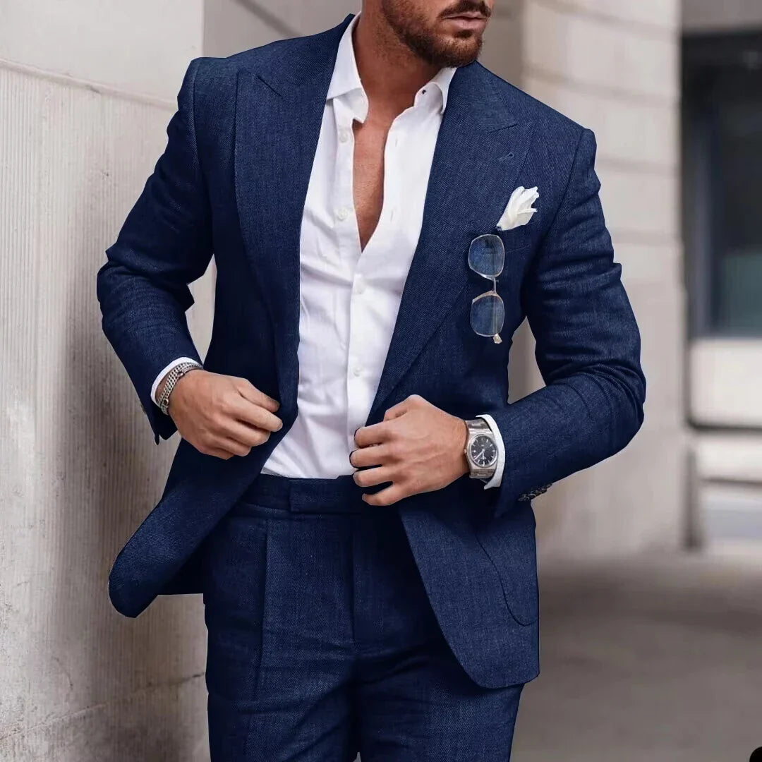 Men's 2 Piece Linen Suit Slim Fit Notch Lapel Casual Blazer Jacket & Trousers Business Wedding Party Formal Dress Set for Men
