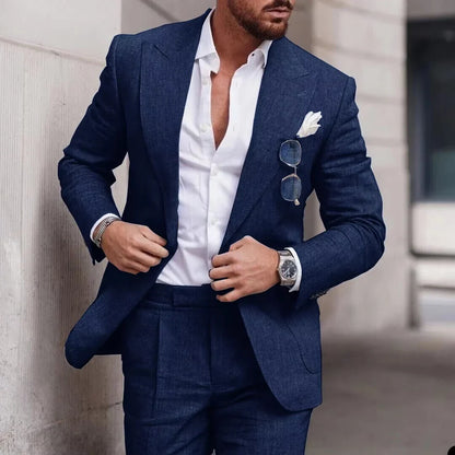 Men's 2 Piece Linen Suit Slim Fit Notch Lapel Casual Blazer Jacket & Trousers Business Wedding Party Formal Dress Set for Men