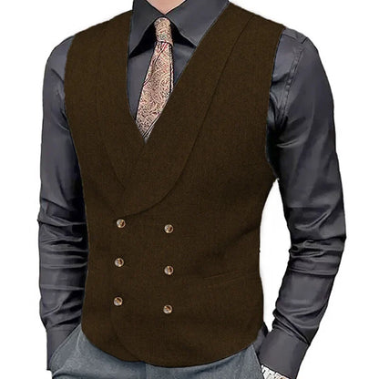 Men Vest Brown Herringbone Double Button With Lapel Waistcoat For Wedding Business Formal Banquet Work Daily Men Suit Vest
