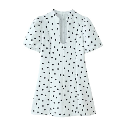 Elegant Holiday Chic Women Mini Dress Black O-Neck Zipper Short Puff Sleeve Dress Fashion 2026 Spring Summer Party Dress
