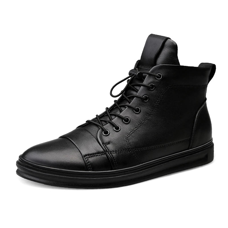 Winter Genuine Leather Boots Men Ankle Casual High Top Skateboarding Shoes Cow Leather Big Size 47 48