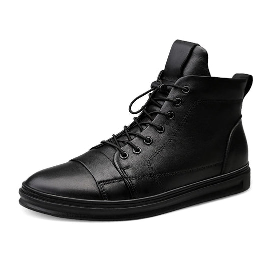 Winter Genuine Leather Boots Men Ankle Casual High Top Skateboarding Shoes Cow Leather Big Size 47 48