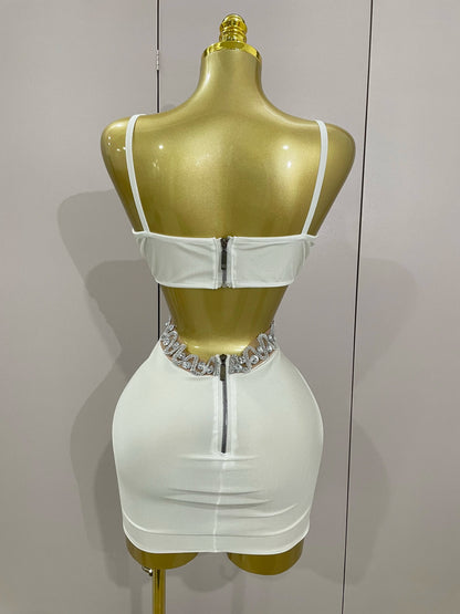STOCK Luxury Shiny Diamond Chain White Sexy Sleeveless Bodycon Mini Dress 2025New Evening Birthday Party Nightclub Stage Costume