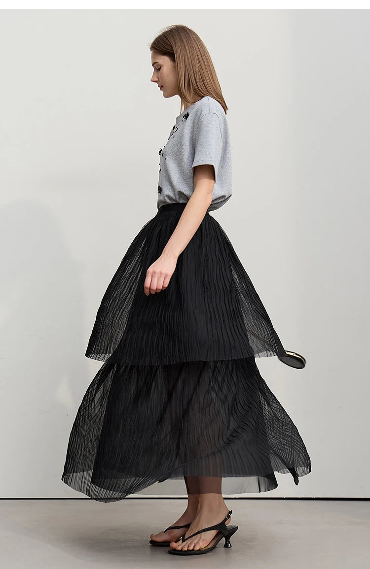 Long Skirt 2026 Spring New Casual Vacation Waist Pleated Mesh Long Skirt Women Loose Solid Versatile Woman Clothes 12621001