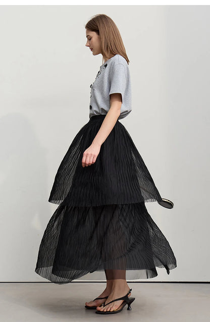Long Skirt 2026 Spring New Casual Vacation Waist Pleated Mesh Long Skirt Women Loose Solid Versatile Woman Clothes 12621001