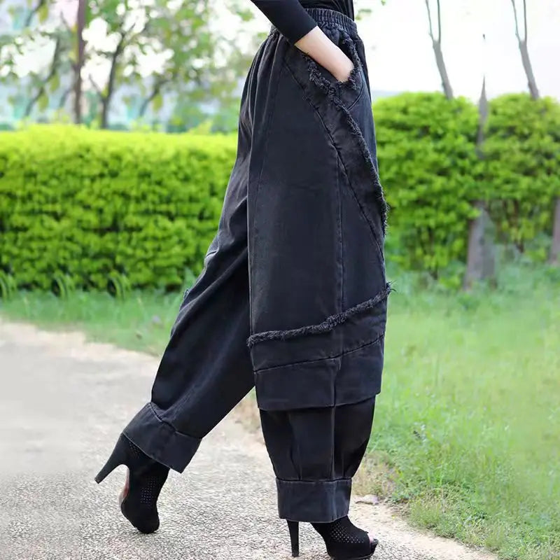Black Wide-leg Jeans Harlan Pants Loose Fashion Casual Full Length High Waist Patchwork Print Pocket Jeans Women Clothes Spring