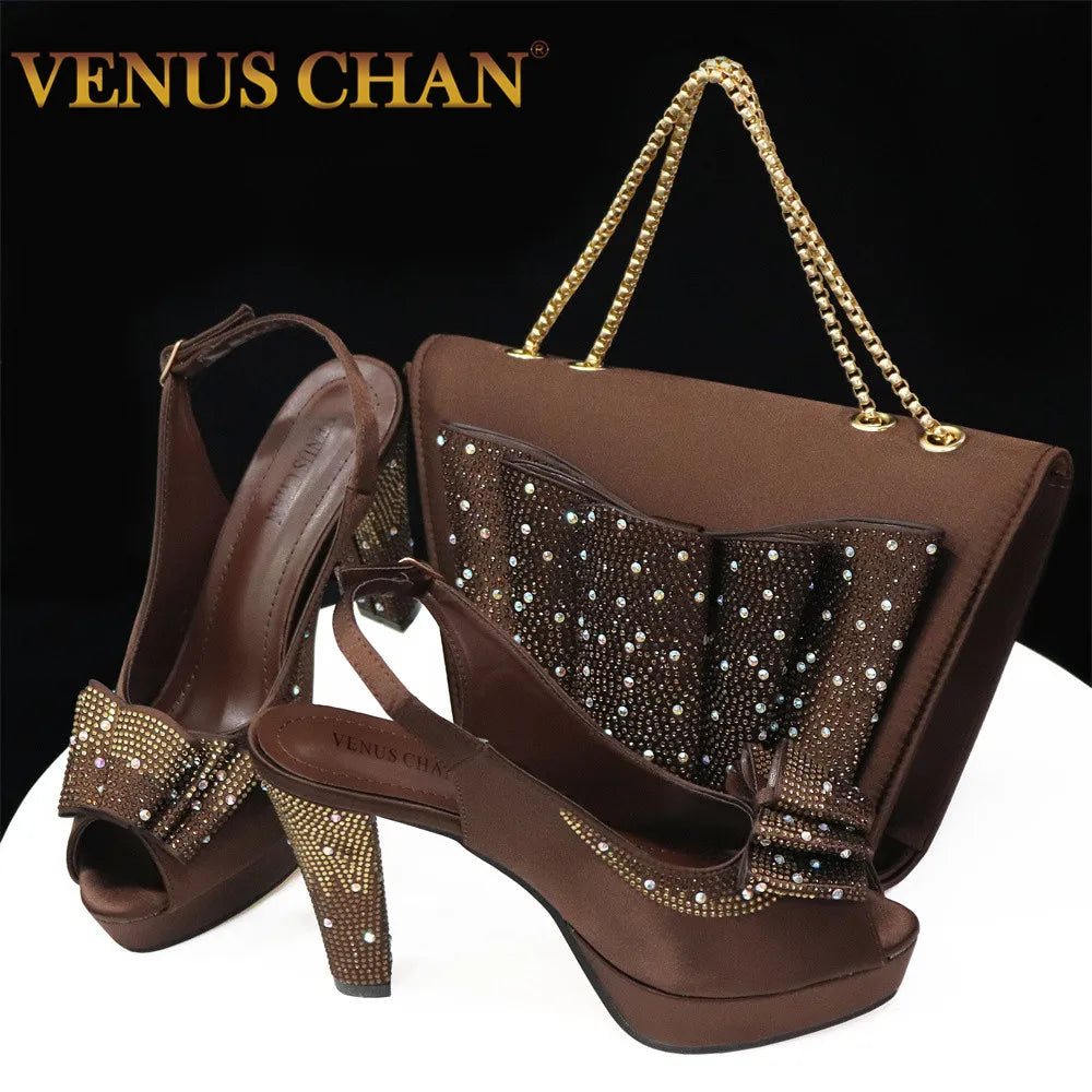Women High Heels Sandals Printing Flower Material with Rhinestone Italian Design Coffee Color Open-Toed Shoes