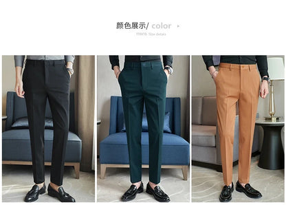 Autumn Mens Fashion Embroidered Trousers Korean Business Dress Solid Suit Pant Formal Office Social Slim Fit Casual Suit Pants