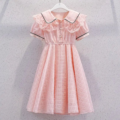 2026 New Summer Dresses Kid Baby Princess Lace Girls Teenager A-LINE STRIPED Chiffon Mid Long Layered Dress 4 8 10 12 14 Years