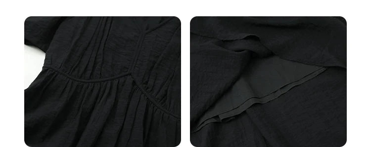Women Dresses French Style Vintage V-neck Puff Sleeve Long Dress Solid Black Loose Female Clothing Summer New 2023