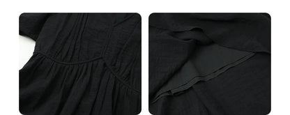 Women Dresses French Style Vintage V-neck Puff Sleeve Long Dress Solid Black Loose Female Clothing Summer New 2023