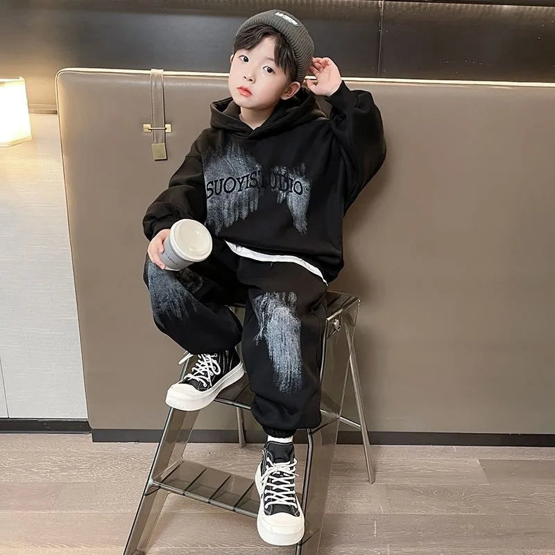 Print Hoodies Set Korean Kids Clothes Children 4 7 Years Clothing Children's From 8 12 Top Bottom Boys Boy Autumn Winter Child