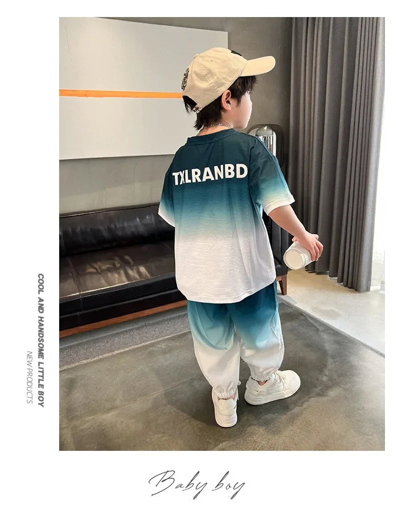 Summer Boys Gradient Contrast Alphabet t-Shirt Tops+Pant Workout Sets School Kids 2PCS Tracksuit Children Jogger Outfits 5-16 Yr