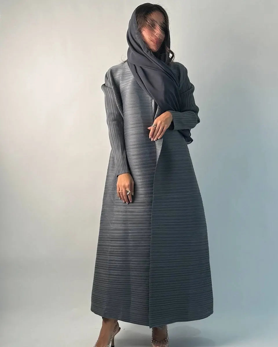 Women's Fold Miyake Pleated Abaya Long Sleeve Print Foldable Collar Robe Cardigan Coat New Winter Fashion Original Design 2026