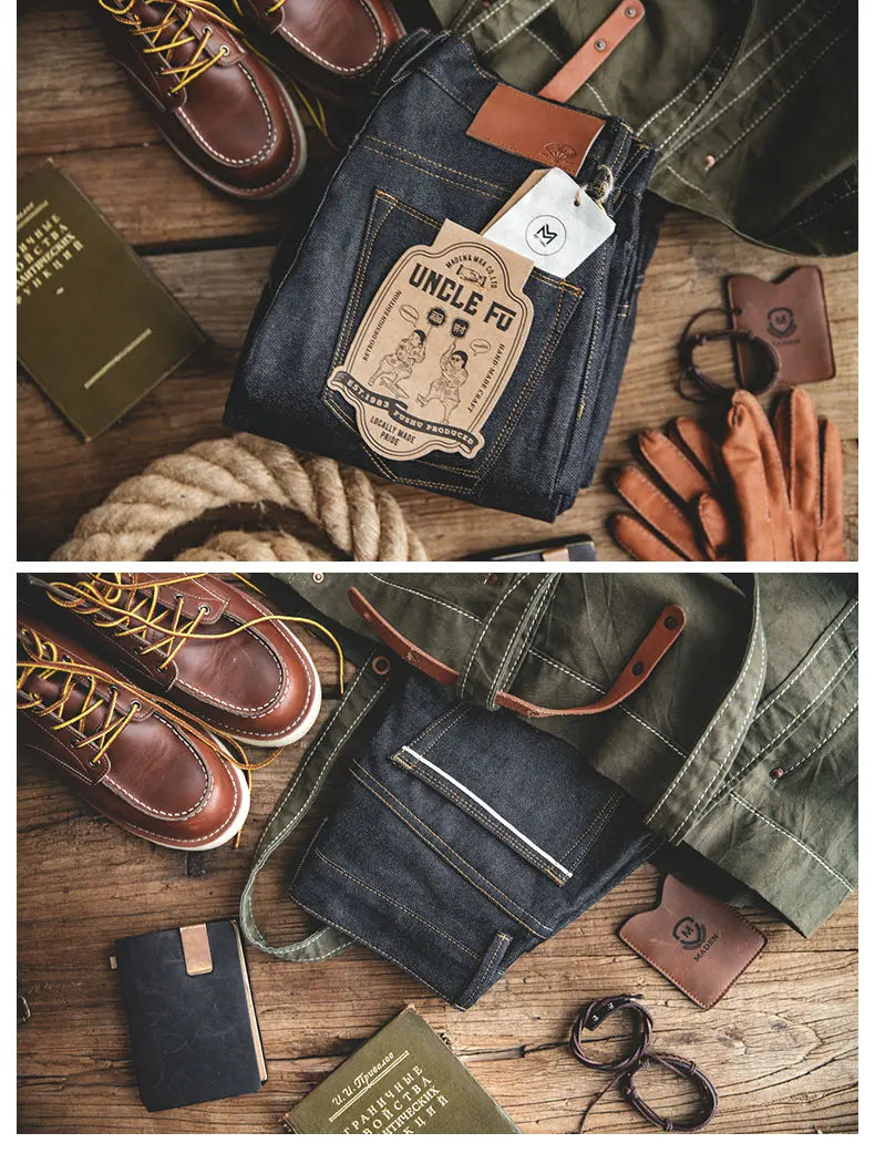 Retro 11.6oz Selvedge Raw Denim Jeans Tapered Regular Fit Cotton Jeans with Zipper Fly High Quality Versatile Men's Pants