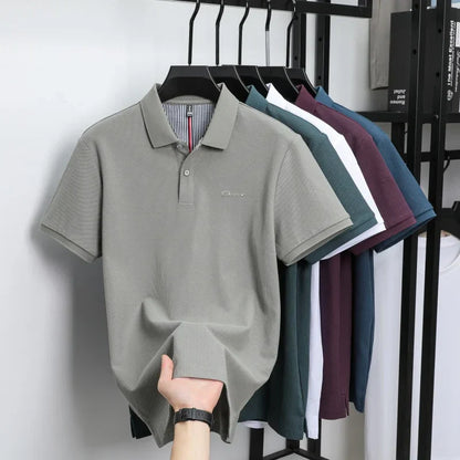 Brand 100%pure cotton short sleeve polo shirt men's new fashion letter embossed business casual solid color summer lapel T-shirt