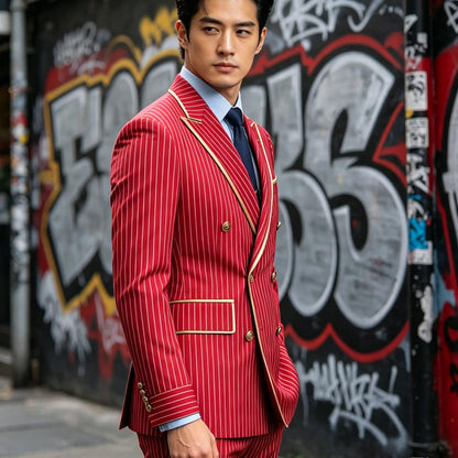 Men's Pinstripe Blazer Double Breasted Slim Fit Peaked Lapel With Gold Trim Formal Suit Jacket  For Groomsman Wedding Prom Hot