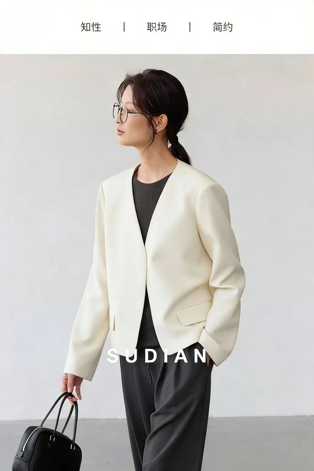 Womens Gray Collarless Blazer Cropped Open Front Suit Jacket Casual Office Outerwear