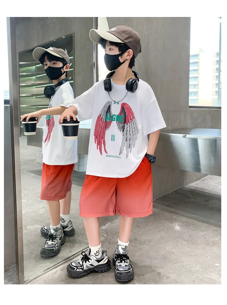 New Kids Boy Summer Clothing Set Cotton T-shirt With Wings Print + Shorts 2 Pieces Tracksuit Outfit for Child Suit Wear 5-14 T