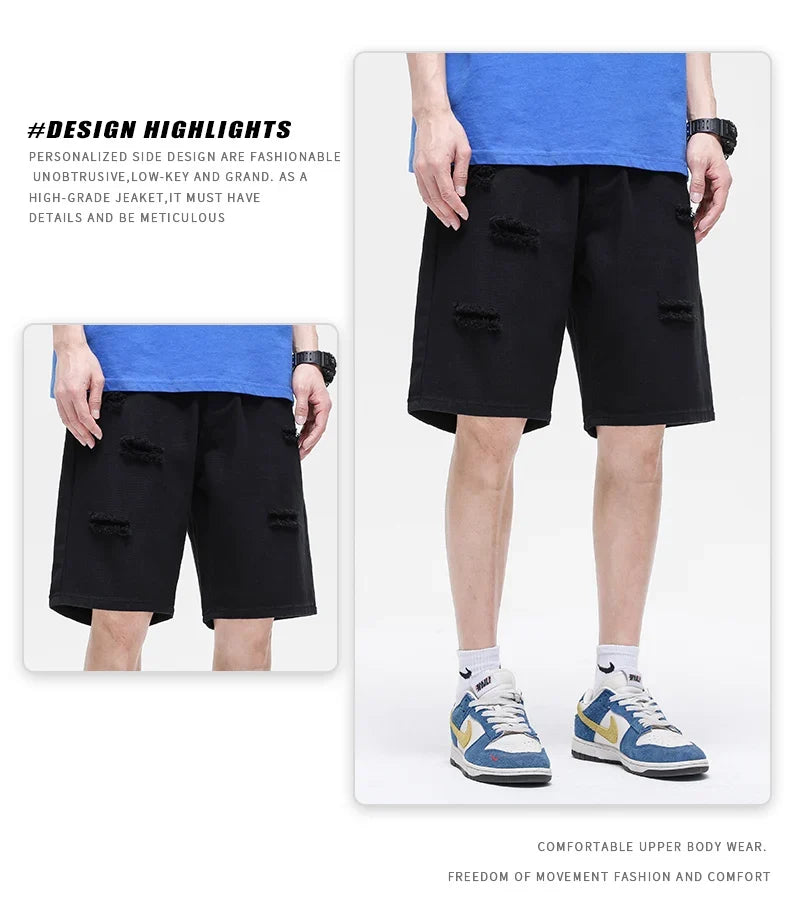 Summer New White Casual Men's Denim Shorts Ripped Fashion Loose Straight Street Bermuda Jeans Male Hole Short Pants