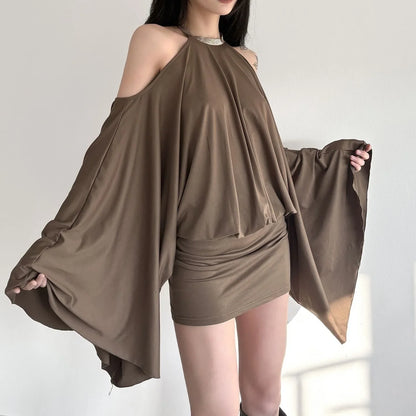 New European and American hot girl style strapless backpack hip sexy loose bat sleeve dress design halter neck skirt