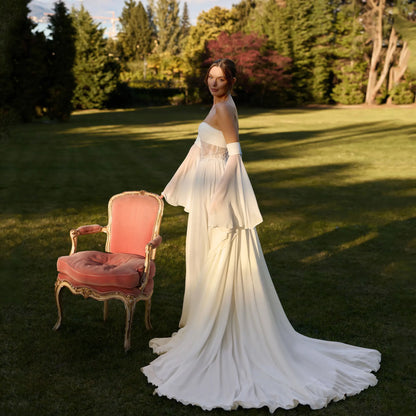 Chiffon A Line Boho Wedding Dress Flare Long Sleeve Lace Zipper Back Bridal Gown With Slit Strapless Sweep Train