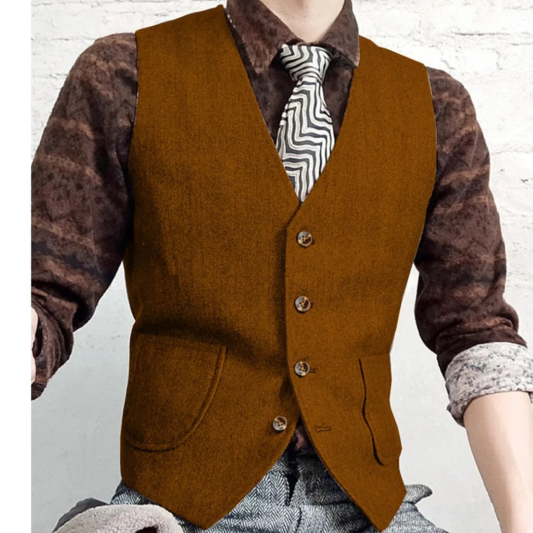 Men Vest Gray Herringbone Single Button V Neck Waistcoat For Wedding Banquet Business Office Work Daily Casual Men Suit Vest