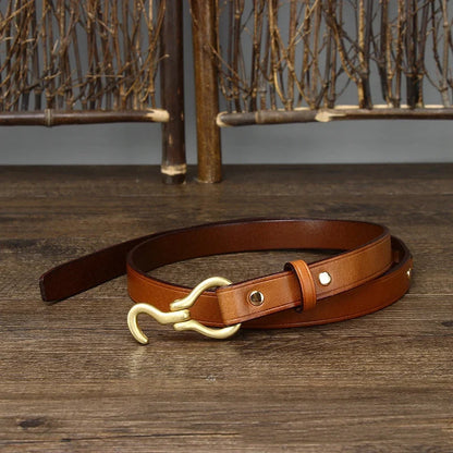 2.0 CM Ladies Pure Cowhide High Quality Genuine Leather Hook Belts for Women Brand Strap Brass Buckle Jeans Cowboy Thin Belt