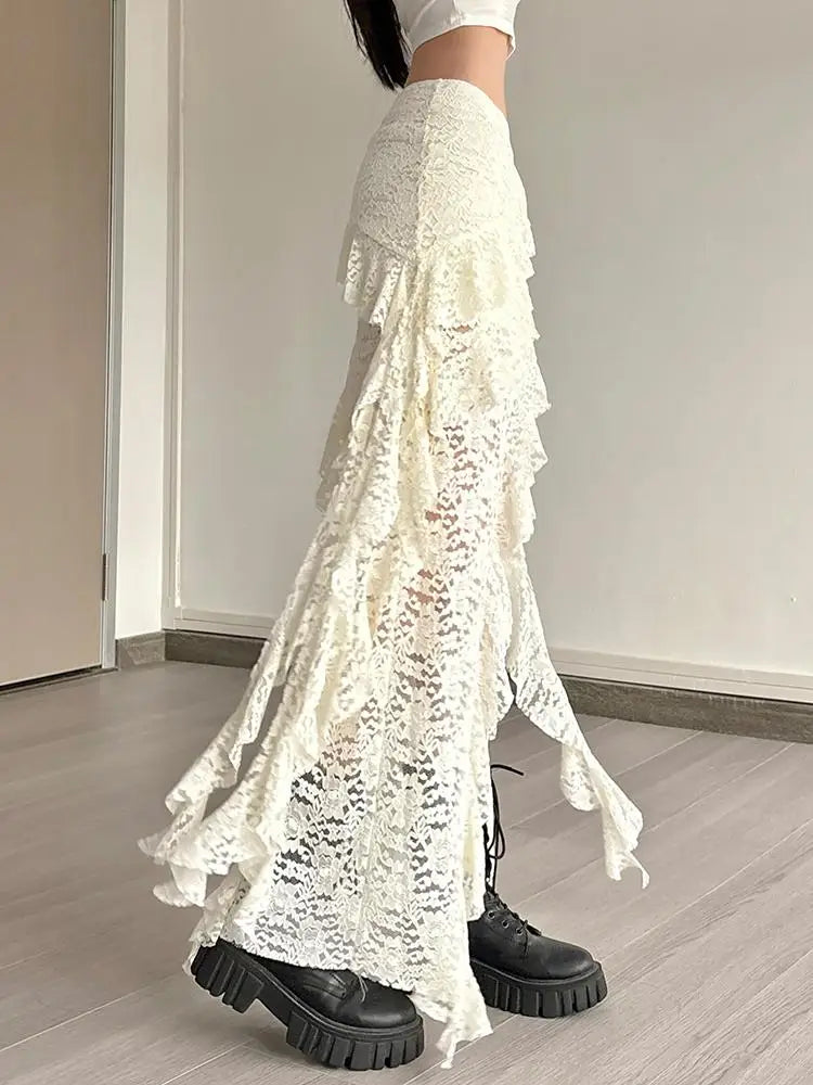 Women Tassel Skirt Irregular Hem Multi Layered Ruffles Lace Patchwork Sweet Summer Daily Wear Skinny Versatile Purple Skirt