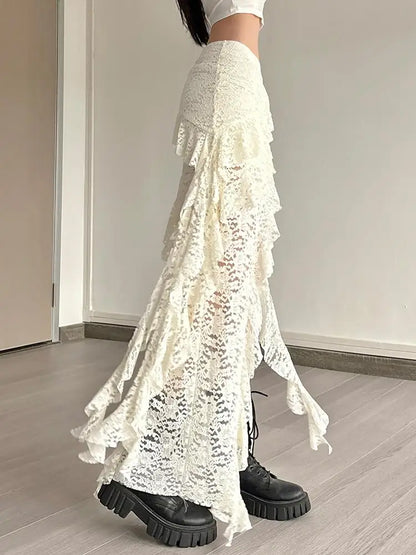 Women Tassel Skirt Irregular Hem Multi Layered Ruffles Lace Patchwork Sweet Summer Daily Wear Skinny Versatile Purple Skirt