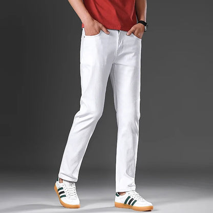 Men’s Korean Style Slim Straight Jeans Spring Cotton Stretch Denim Pants Comfort Fitted Casual Fashion Soft Male Daily Trousers