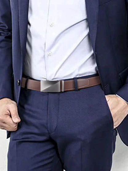 Men's Cowhide Belt, Business Casual Smooth Belt, Coffee Brown Genuine Leather Automatic Blue Middle-Aged Pants Belt