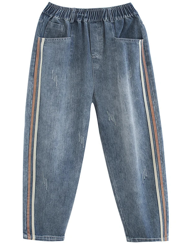 Large Size Artistic Faded Denim Jeans Women's Side Stripe Harlan Long Pants Spring Faion High Waist Regular Thin