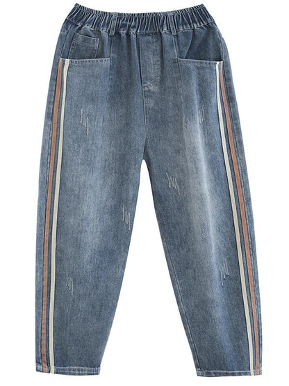 Large Size Artistic Faded Denim Jeans Women's Side Stripe Harlan Long Pants Spring Faion High Waist Regular Thin
